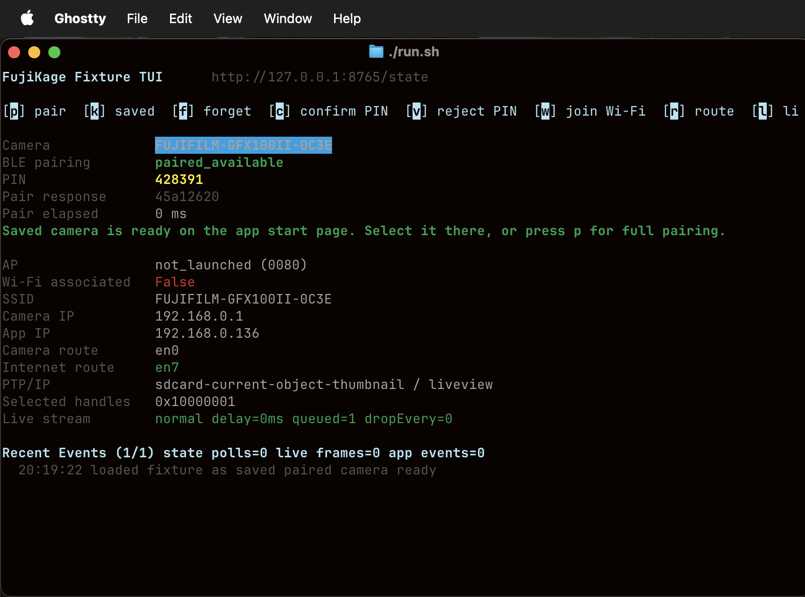 FujiKage fixture TUI running in a terminal, simulating a paired camera